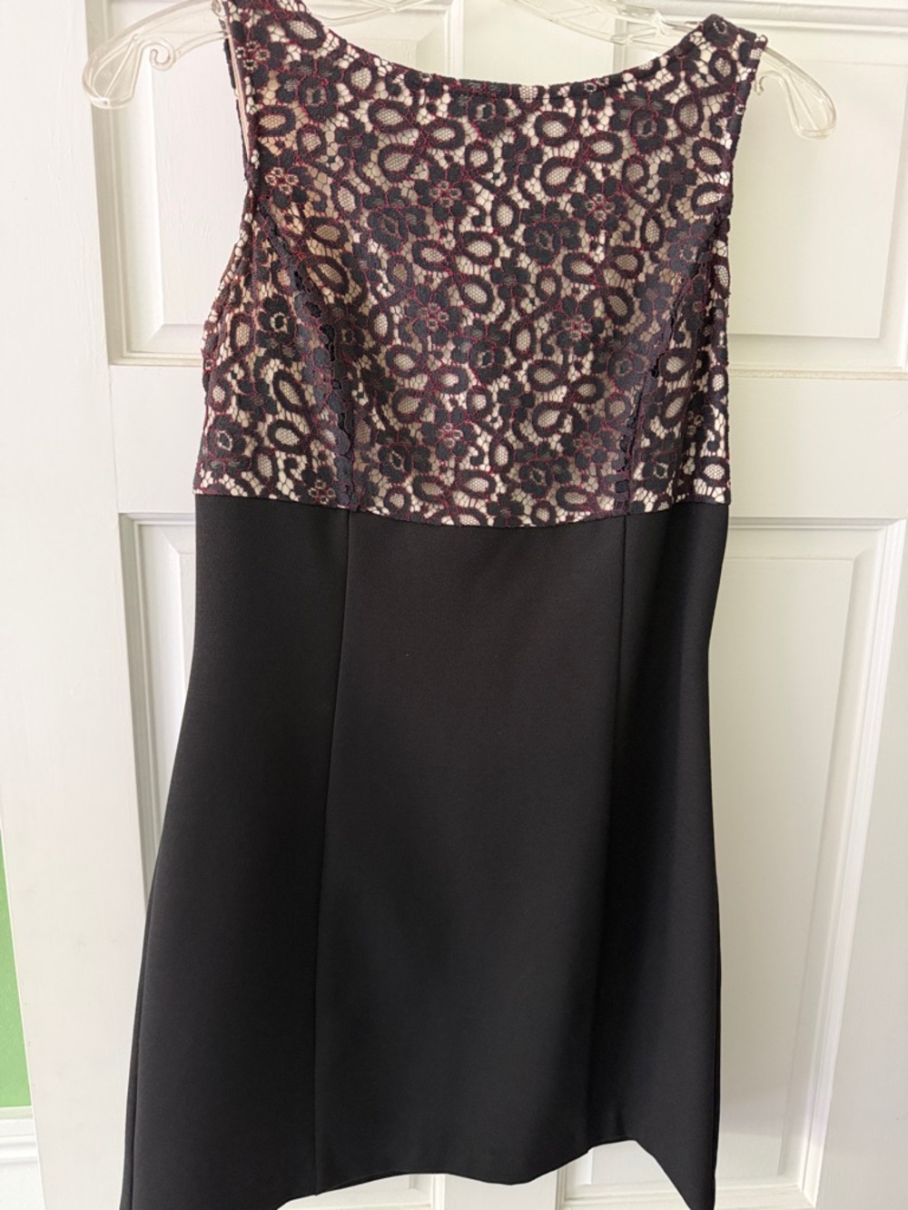 XOXO Black Mini Dress with Burgundy and Cream Lace Bodice